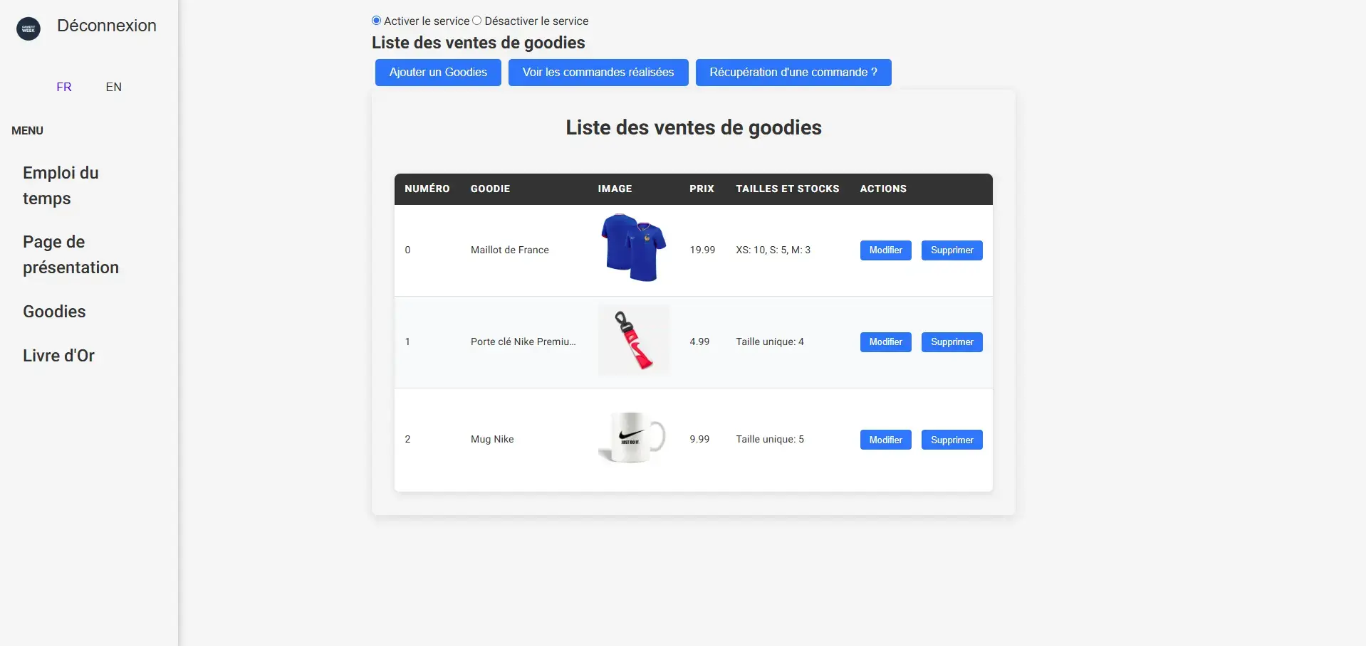 Gestion des prestations et goodies