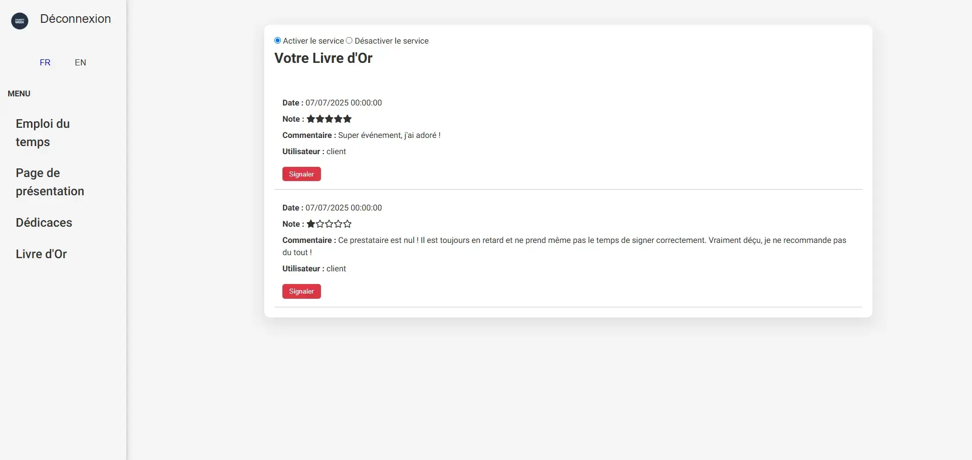 Page du livre d'or des manifestations