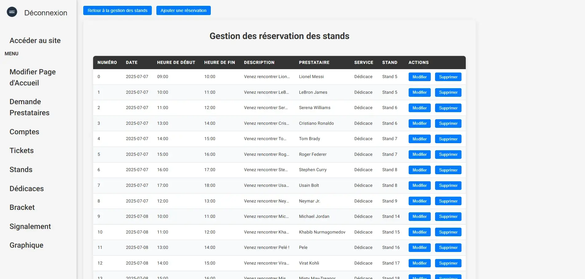 Page de réservation de stand pour une manifestation